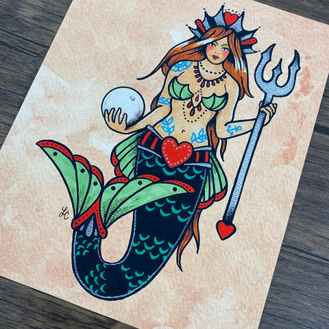 "Queen Of Hearts" Mermaid Traditional Tattoo Art Print