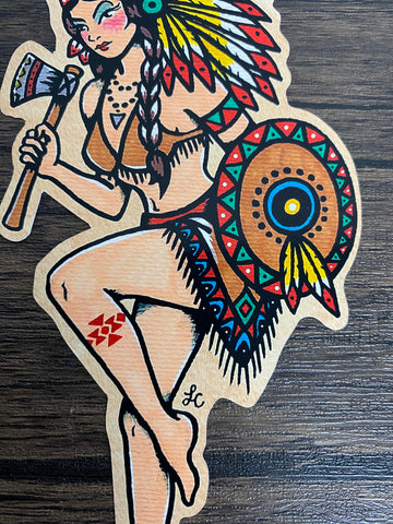 Traditional Tattoo Native American Indian Warrior Girl Pinup Vinyl Sticker Decal