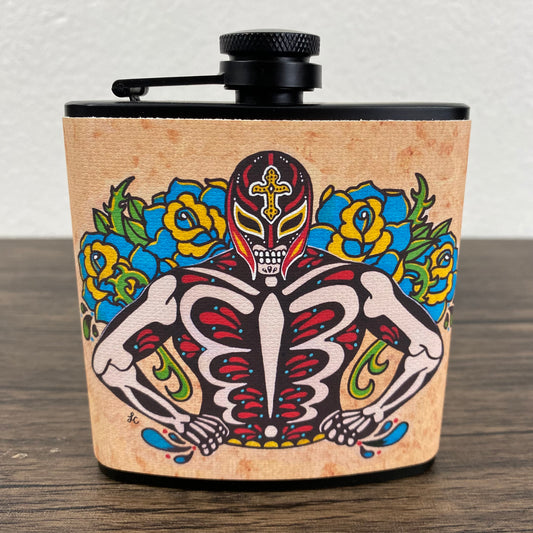 Luchador Flask Day of the Dead Wrestler 6 Oz, Black, Stainless Steel with Funnel