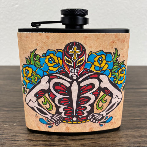 Luchador Flask Day of the Dead Wrestler 6 Oz, Black, Stainless Steel with Funnel