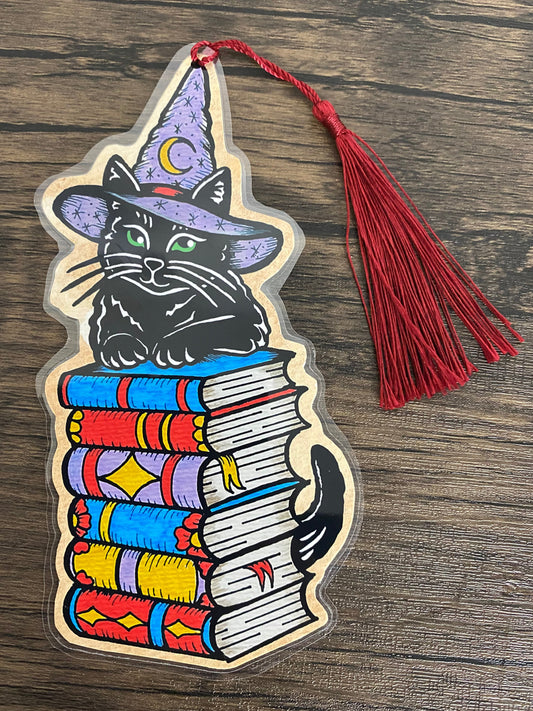 Traditional Tattoo Witch Black Cat Magical Bookmark Spellbook - Choose Your Tassel Color