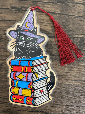 Traditional Tattoo Witch Black Cat Magical Bookmark Spellbook - Choose Your Tassel Color
