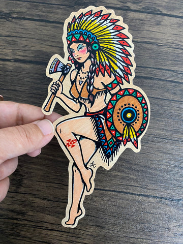 Traditional Tattoo Native American Indian Warrior Girl Pinup Vinyl Sticker Decal