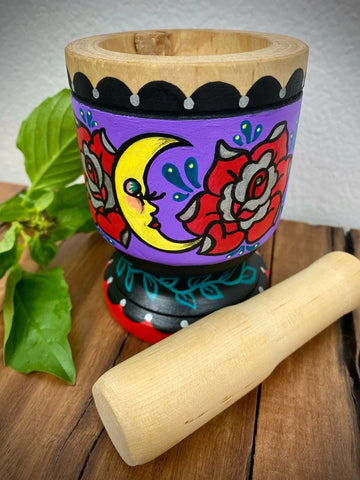 Folk Art Moon Wood Mortar And Pestle