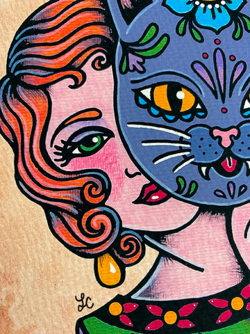 Day of the Dead Cat Mask Traditional Tattoo Art Print