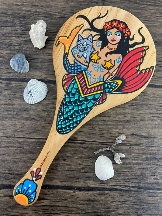 Mermaid and Mercat Tattoo Art Wood Hand Mirror