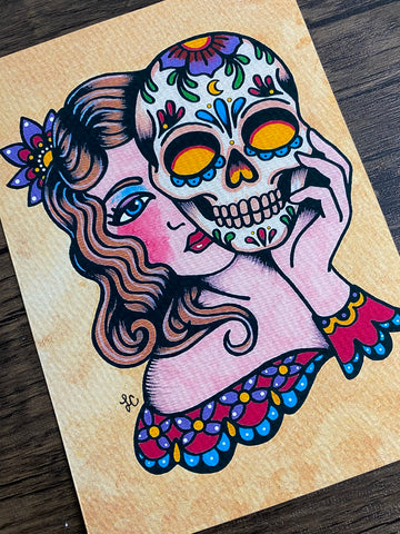 Day of the Dead Sugar Skull Mask Traditional Tattoo Art Print