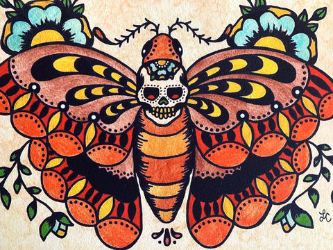 Traditional Tattoo Death Moth Sugar Skull Art Print
