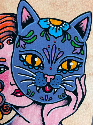 Day of the Dead Cat Mask Traditional Tattoo Art Print