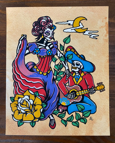 "Moonlight Serenade" Dia De Los Muertos Romantic Couple Art Print