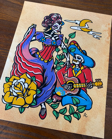 "Moonlight Serenade" Dia De Los Muertos Romantic Couple Art Print