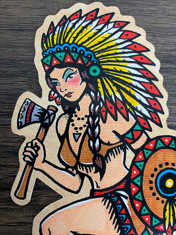 Traditional Tattoo Native American Indian Warrior Girl Pinup Vinyl Sticker Decal
