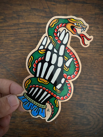 Day of the Dead Skeleton Hand with Snake American Traditional Tattoo Sticker Decal