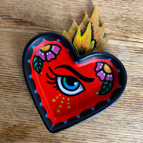 Hand Painted Sacred Heart Jewelry Dish Tray Folk Art