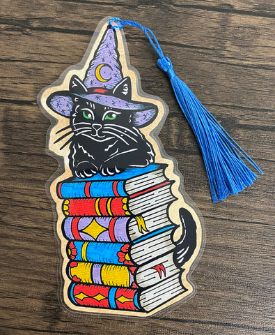 Traditional Tattoo Witch Black Cat Magical Bookmark Spellbook - Choose Your Tassel Color