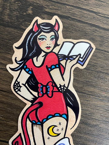 Devil Girl Pinup Traditional Tattoo "I Read Banned Books" Vinyl Sticker Decal