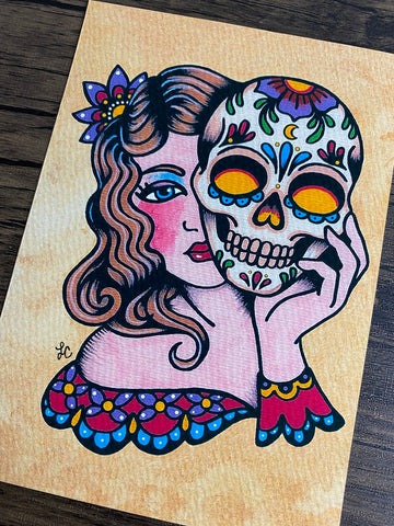 Day of the Dead Sugar Skull Mask Traditional Tattoo Art Print