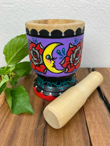Folk Art Moon Wood Mortar And Pestle