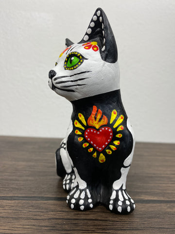 Day of the Dead Skeleton CAT Ceramic Dia de los Muertos 5” Statue Figurine with Sacred Heart