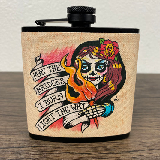 Day of the Dead Flask “May The Bridges I Burn” Tattoo Art 6 Oz, Black, Stainless Steel with Funnel