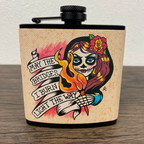 Day of the Dead Flask “May The Bridges I Burn” Tattoo Art 6 Oz, Black, Stainless Steel with Funnel