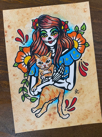 Dia De Los Muertos Woman and Ginger Cat Art Print