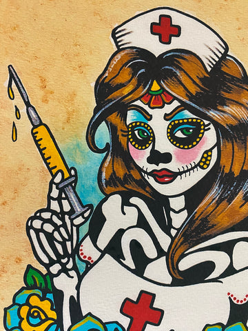 Day of the Dead Nurse Traditional Tattoo Art Print