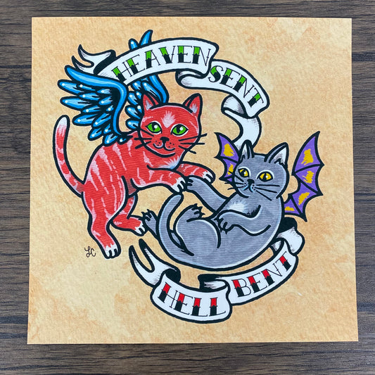 Traditional Tattoo "Heaven Sent, Hell Bent" Cat Art Print