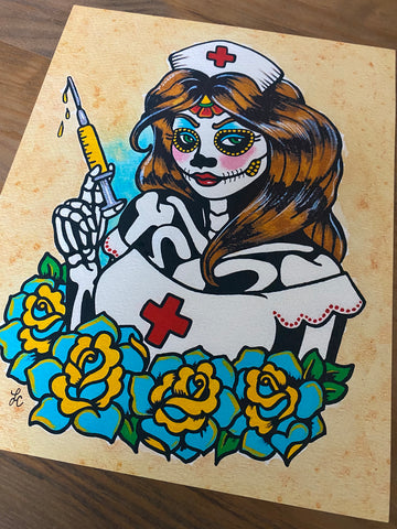 Day of the Dead Nurse Traditional Tattoo Art Print