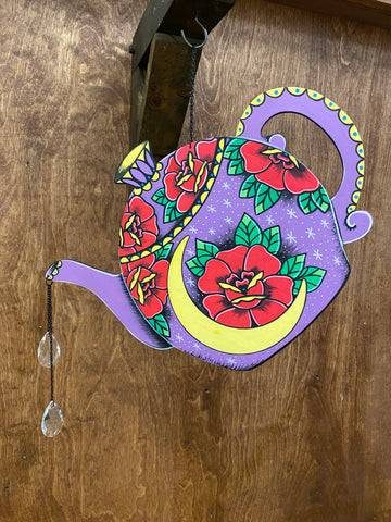 Traditional Tattoo Tea Pot Wall Hanging with Glass Crystals - Hand Painted Wood Art