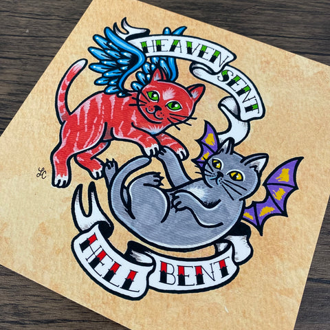 Traditional Tattoo "Heaven Sent, Hell Bent" Cat Art Print