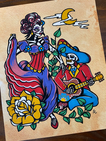 "Moonlight Serenade" Dia De Los Muertos Romantic Couple Art Print