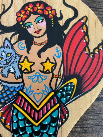 Mermaid and Mercat Tattoo Art Wood Hand Mirror