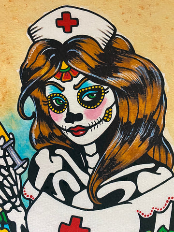 Day of the Dead Nurse Traditional Tattoo Art Print