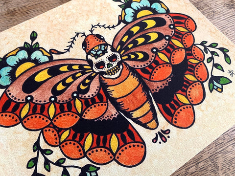 Traditional Tattoo Death Moth Sugar Skull Art Print