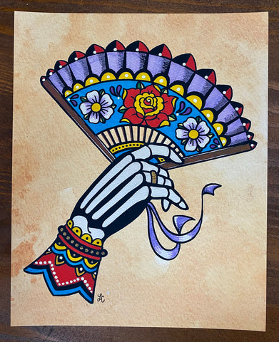 Day of the Dead La Catrina Skeleton Hand with Fan Traditional Tattoo Art Print
