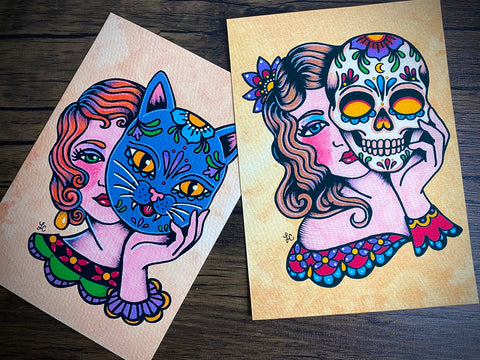 Day of the Dead Sugar Skull Mask Traditional Tattoo Art Print
