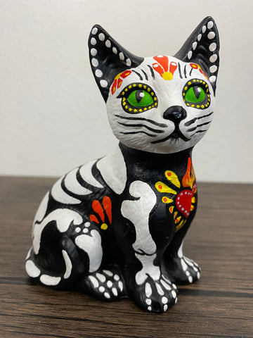 Day of the Dead Skeleton CAT Ceramic Dia de los Muertos 5” Statue Figurine with Sacred Heart