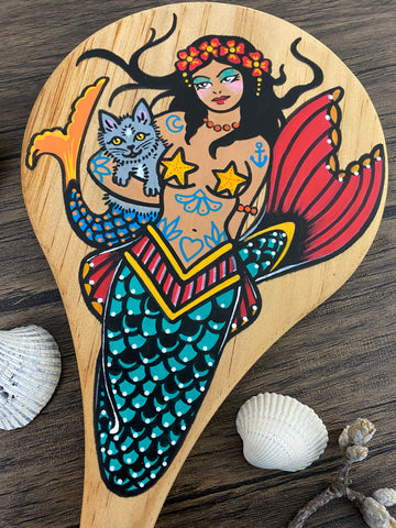 Mermaid and Mercat Tattoo Art Wood Hand Mirror