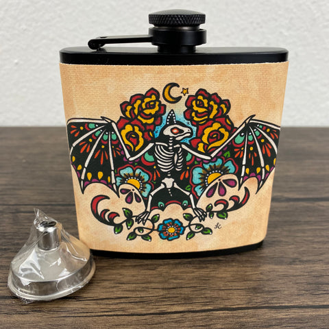 Skeleton Bat Flask Tattoo Art 6 Oz, Black, Stainless Steel with Funnel