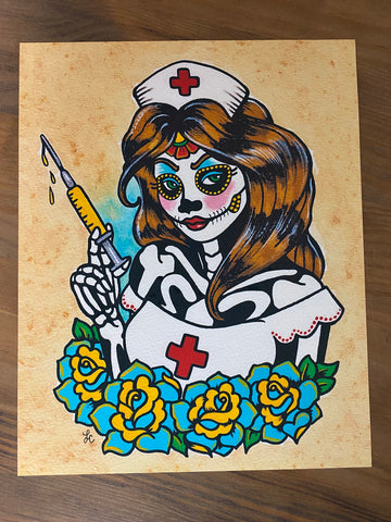 Day of the Dead Nurse Traditional Tattoo Art Print