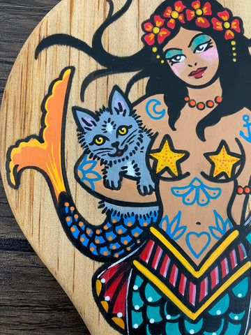 Mermaid and Mercat Tattoo Art Wood Hand Mirror