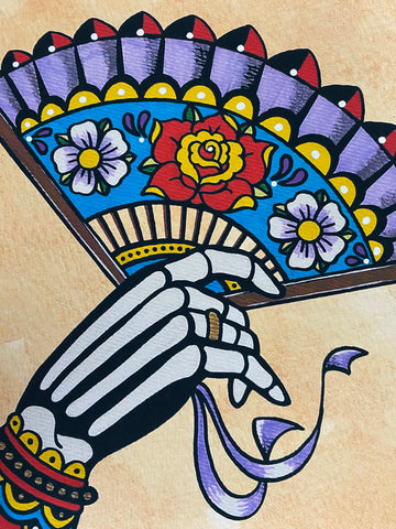 Day of the Dead La Catrina Skeleton Hand with Fan Traditional Tattoo Art Print