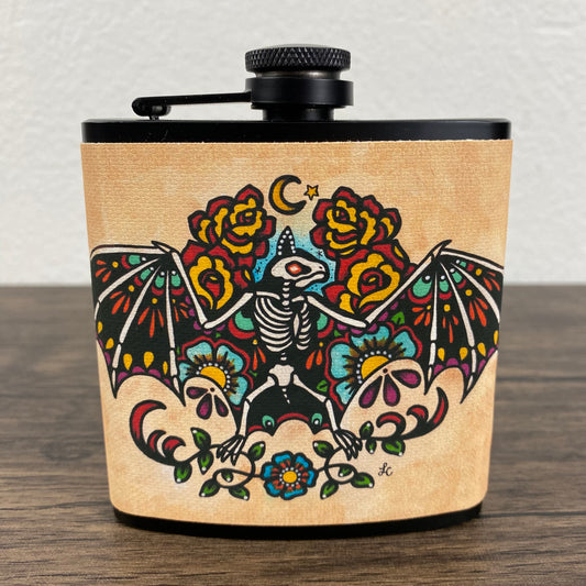Skeleton Bat Flask Tattoo Art 6 Oz, Black, Stainless Steel with Funnel