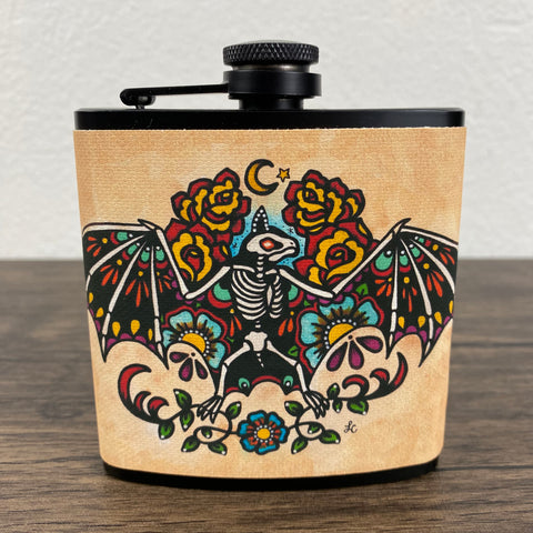 Skeleton Bat Flask Tattoo Art 6 Oz, Black, Stainless Steel with Funnel