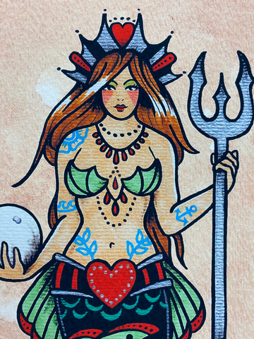 "Queen Of Hearts" Mermaid Traditional Tattoo Art Print