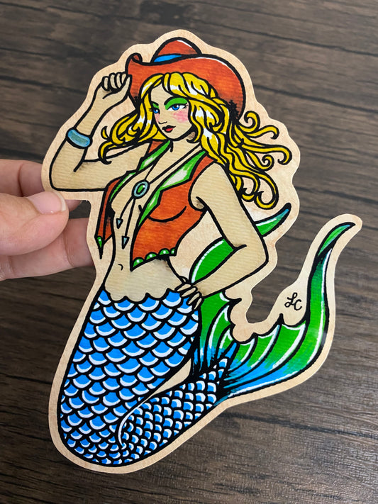 Traditional Tattoo Western Cowgirl Mermaid Pinup Vinyl Sticker Decal