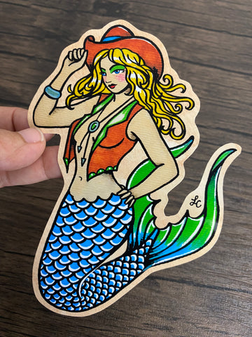 Traditional Tattoo Western Cowgirl Mermaid Pinup Vinyl Sticker Decal