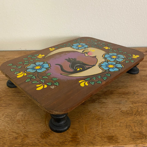 Black Cat and Moon Folk Art Wood Altar Table Stand