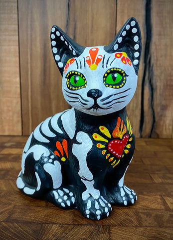 Day of the Dead Skeleton CAT Ceramic Dia de los Muertos 5” Statue Figurine with Sacred Heart